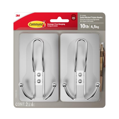 Command X-Large Satin Nickel Triple Hook, 2 Hooks, 6 Strips, Damage-Free Hanging with Adhesive Strips, No Tools Wall Hook for Hanging Decorations in Living Spaces - style: 2-Pack
