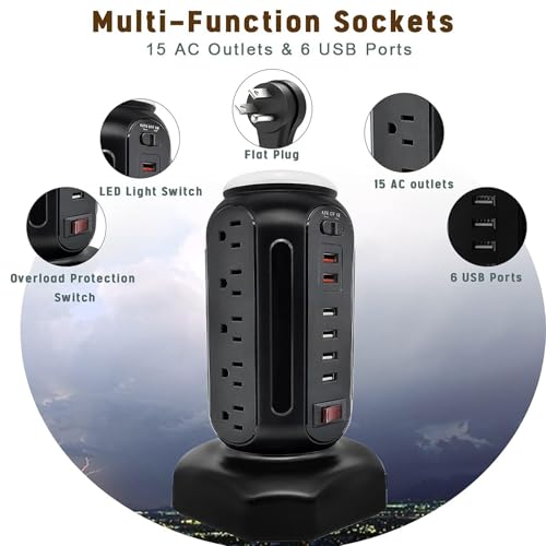 Multiple Outlets Power Strip Tower with Colorful Nightlight, 15 AC Outlets and 6 Fasting USB Ports, 6.5ft Extension Cord, 900J Surge Protector with Outlet Overload Protection for Home, Office (Black) - color: Black -PD 20W