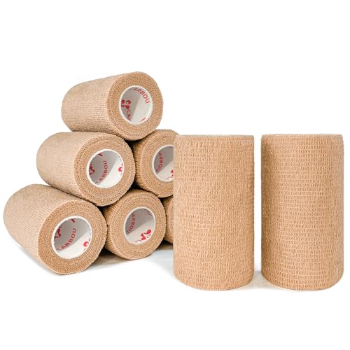 [8 Pack 4" x 5 Yards] Beige-Self Adhesive Cohesive Bandage Wrap, Self Adherant Non-Woven Wrap Rolls, Atheletic Tape for Wrist, Ankle, Hand, Leg, Premium-Grade Medical Stretch Wrap - color: Beige, size: 8 Count (Pack of 1)