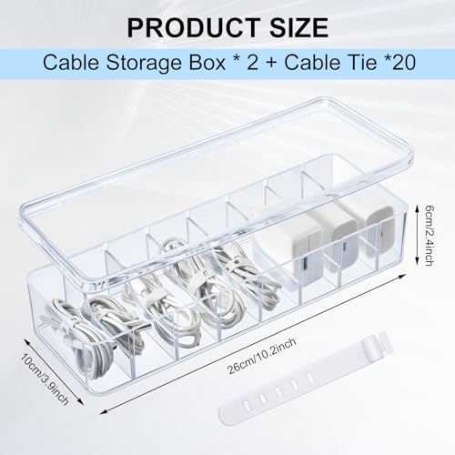 Tatuo 2 Pcs Cord Organizer for Drawer Desktop, Cable Organizer Box with 8 Compartments and Wire Ties, Plastic Charger Storage with Lid, Electronics Case for Home Office Accessories (Small,Clear) - color: Clear