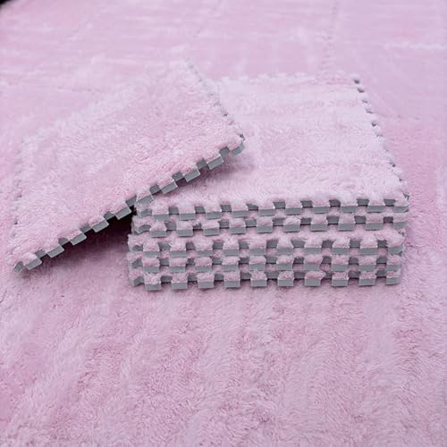 Thickened Soft Plush Foam Interlocking Floor Carpet Mat, 24 Pcs 12x12x0.4 Inch Fluffy Square Puzzle Foam Carpet Tiles with Edgings(Color:Pink) - color: Pink