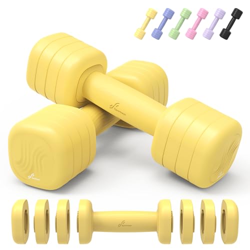 Adjustable Dumbbell Set of 2: Sportneer 4 in 1 Free Weights Dumbbells Set for Women, Hand Weights for Women at Home, Available in 5 lb × 2 and 10 lb × 2 Sets with Soft Rubber Handle for Home Gym Exercise Training - color: Butter Yellow, size: 5lb × 2