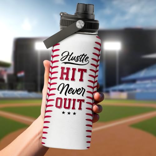 Baseball Water Bottle 32oz Hustle Hit Never Quit Stainless Steel Insulated Bottle for Men Women Sports Lovers Baseball Fans - color: Baseball 2