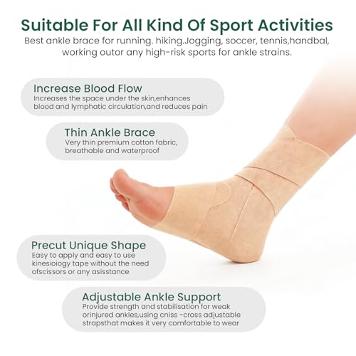 Welnove Sport Kinesiology Ankle Tape for Sprained Ankle: Precut Athletic Tape for Ankle - Ankle Wrap Tape Sports K Tape for Ankle Support (Beige, 4-Pack) - size: 4 Count (Pack of 1)