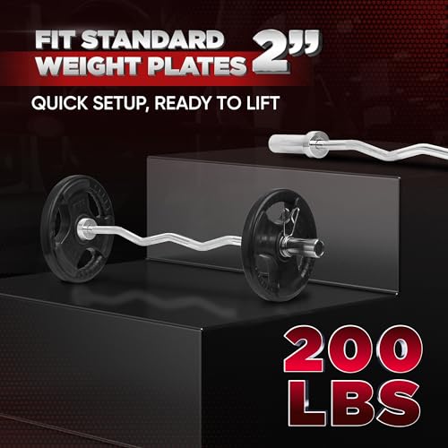 Yes4All Standard Straight Barbell 60" & EZ Curl Bar 47", Capacity 200 to 480 LB, Weight Bar 1" to 2" Diameter - Star Lock Collars, Rubber Ring, Barbell Spins Included for Deadlifts & Squats - color: E: Olympic Curl Bar 2" - 200LB, style: C. Olympic Curl B