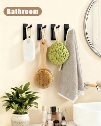 Self Adhesive Wall Hooks, 6 Pack Coat Hooks Wall Mount Heavy Duty Stainless, Double Extra Stick On Towel Hook for Bedroom Kitchen, Over the Door Hook for Hanging Key Hat Backpack (Black) - color: Black