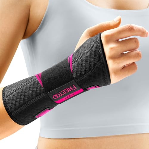 FREETOO Carpal Tunnel Wrist Brace Night Support Fit Right Hand for Work, Pain Relief Wrist Splint for Tendonitis, Sprain, Strain, Rigid Hand Brace for Arthritis for Women and Men (S/M, Black/Pink) - size: S/M, style: Right-Rosa Pink/Black