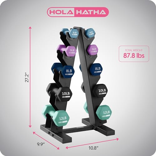 HolaHatha 1, 2 and 3 lb Neoprene Dumbbell Strength Training Weight Set with Rack - color: Blues, size: 76 LB