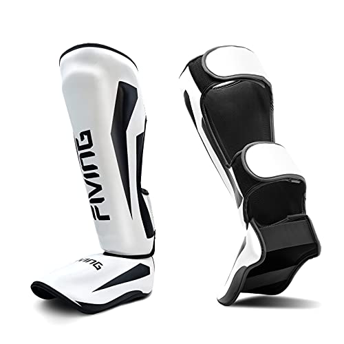 MMA Martial Arts Shin Guards – Padded, Adjustable Muay Thai Leg Guards with Instep Protection for Kickboxing/MMA Training and Sparring – Professional MMA Equipment - color: White, size: Medium