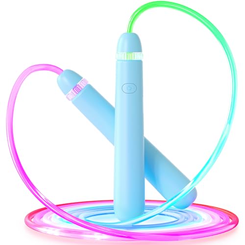 LED Jump Rope for Kids, Glow in The Dark Fun Fitness Gift | Rechargeable, 180-day battery, 9.2ft for ages 6+, colorful LED modes, birthday gift, outdoor fun - color: Blue