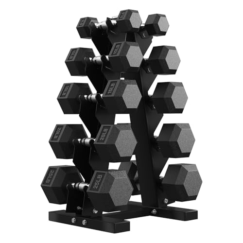 Hex Dumbbell Sets with Rack, 85-560lb Dumbbell Weight Set & Storage Rack | PAPABABE Dumbbell Set with Stand, Rubber Dumbbell Weight Set, Multiple Options Hand Weight for Strength Training - size: 150lb (5, 10, 15, 20, 25lb)x2& Rack