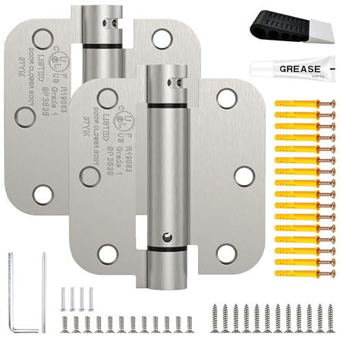 2 Pack 3.5 Inch Self Closing Door Hinges Kit, Satin Nickel | Spring loaded; includes door stopper, lubricant and 16 anchors; 5/8" radius; adjustable tension; UL listed - color: Satin Nickel - kit, size: 3.5" (2 Pack)