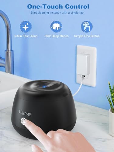 KUNPHY Ultrasonic Retainer Cleaner Machine, 48kHz Dental Cleaning Pod Home | 4 LED Light 48KHz Ultrasound Portable Mouthguard Night Guard Cleaner, IPX7 Waterproof, Quiet 45dB, Overheat Protection, Black - size: 201ML