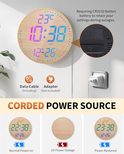 12" Large Digital Wall Mount Clock, Count Down Timer, Alarm, Big LED, 12 RGB Color, Temperature for Living Room Classroom Desk (Bamboo Elements) - style: Bamboo Elements