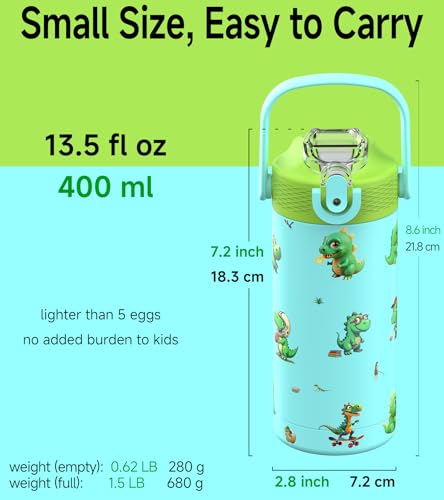 MYFOREST 14oz/400ml Insulated Kids Water Bottle, Odor-free Liner, 3D Touch | No Plastic Taste, Surgical Steel - No Chemical Leaching, Name Spot, Soft Sipper, Gift for Dino Fan, Blue. Dinosaurs - color: Blue. Dinosaurs