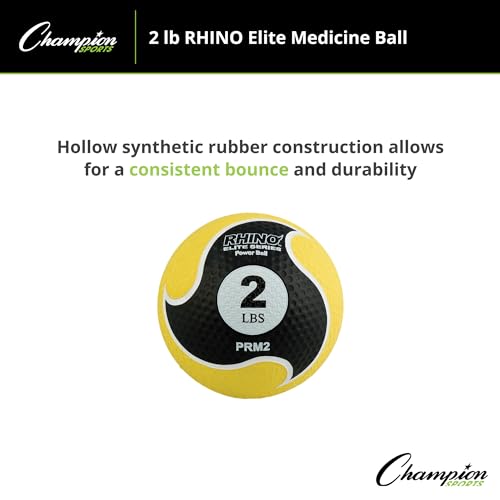 Champion Sports Rhino Elite Medicine Ball – Textured Surface, Superior Grip, Hollow Synthetic Rubber for Consistent Bounce & Durability, Multiple Weights & Colors - Optional Rebounder Sold Separately - style: 2 Pounds - Yellow