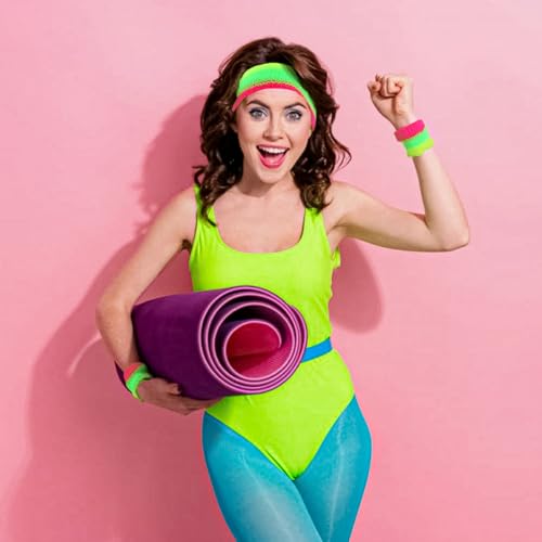 KICOSY Neon Headband & Wristbands Set, Vibrant Pink-Green-Yellow Accessory for Glow Party, 80s/90s Retro Style, Festival Outfits, Gym Workouts & Daily Fashion - color: Neon