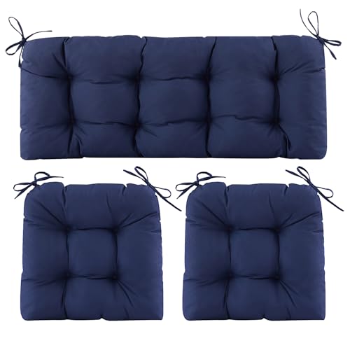 Wicker Chair Cushions of 3 Pieces, Waterproof Cushions for Patio Furniture, Tufted Wicker Outdoor Furniture Cushions, 1 Patio Loveseat Cushion and 2 U-Shaped Cushions, 44"x19"x5", Navy Blue - color: Navy