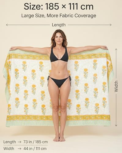 Beach Cover Ups for Women, Cotton Sarong Wrap Pareo | 100% Cotton Sarong Wraps For Women, 73 x 44 In. Pareo Beach Wrap, Bikini Cover Up, Bathing Suit Cover Up, Resort Wear - color: Golden Tainoi
