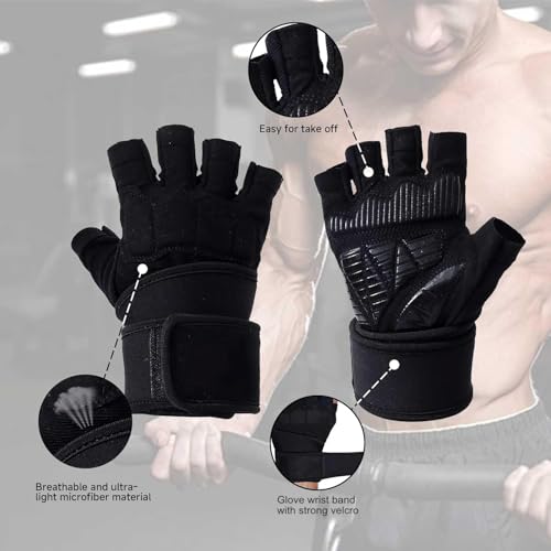 Mens Workout Gloves for Weight Lifting - Exercise Gloves for Men Women With Wrist Wrap Support, Palm Protection and Grips - Sport Daily Use - color: Black, size: Large(7.8-8.2 in)