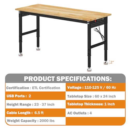Betterhood Adjustable Height Workbench, 60" Rubber Wood Top Heavy Duty Workstation with Power Outlets, 2000 LBS Load Capacity Hardwood Worktable for Workshop, Garage, Office, Home, Commercial - size: Rubber Pad/ Power Outlets/ 2 Pegboard/ 60"x24"x37"