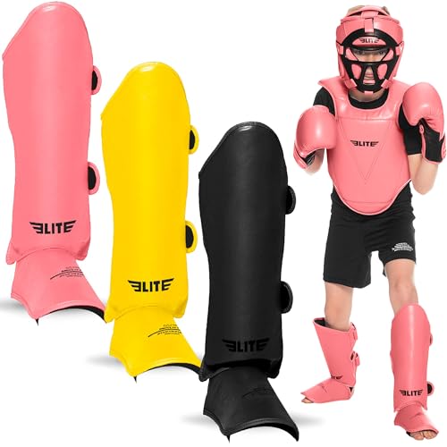 Elite Sports Muay Thai MMA Kickboxing Boys and Girls Shin Guards for Age 4 to 14 Years, Instep Guard Sparring Protective Leg Shin Kick Pads for Kids - color: Pink, size: Medium