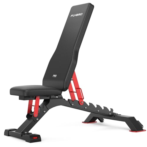 FLYBIRD WB7 Weight Bench, 1300LBS Commercial Adjustable Weight Bench, Workout Bench for Home Gym, Flat Incline Bench Press Heavy Duty Bench with 34'' Extra-Long Backrest and Easy-Roll Wheels - color: Black & Red