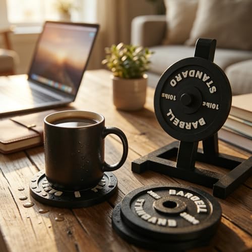 Weight Plate Coaster Set of 4 with Weight Rack Holder-Fun Drink Coasters for Gym Lovers & Fitness Enthusiasts-Unique Lifting Decor Gift for Home,Office, Man Cave-Heavy Duty & Durable,and Lightweight.