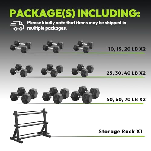 HANDBODE Rubber Coated Hex Dumbbell Set with Rack, 300-840 lb | Fixed Weights Sets with Heavy Duty Storage Stand, Multiple Weight Options Home Gym Equipment for Strength Training - style: 640 lb Set (10-70 lb) with Rack