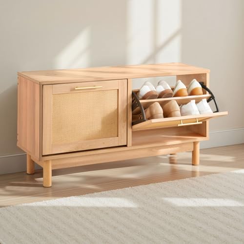 VEVOR Rattan Shoe Storage Bench, Entryway Bench with 2 Flip Drawers, Holds up to 300 lbs with 4 Compartments and 2 Rattan Doors, 39.4 x 11.8 x 20.9 Inches for Hallway, Living Room, Bedroom - size: 2 Rattan Doors