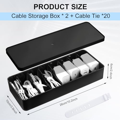 Tatuo 2 Pcs Cord Organizer for Drawer Desktop, Cable Organizer Box with 8 Compartments and Wire Ties, Plastic Charger Storage with Lid, Electronics Case for Home Office Accessories (Small,Black) - color: Black
