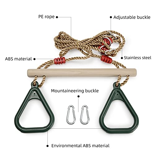 PELLOR Playground Children's Wooden Trapeze Swing Bar with Plastic Gym Rings Swing Set for Indoor & Outdoor Fun - color: Green