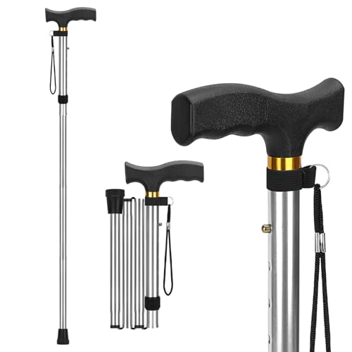 supregear Folding Cane, Lightweight 5-Level Adjustable Walking Stick with Wrist Strap and T-Handle, Portable Mobility Aid for Elderly and Disabled Men and Women - color: Silver