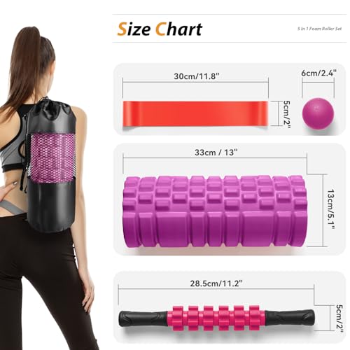 5 in 1 Foam Roller Set for Deep Tissue Muscle Massage, High Density Fitness Exercise Foam Roller, Massage Roller, Massage Ball, Resistance Band, for Whole Body (Pink-Black) - color: Pink-black