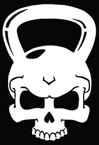 Death Skull Kettlebell Weight Car Truck Window Bumper Vinyl Graphic Decal Sticker- (6 inch) / (15 cm) Tall Gloss White Color