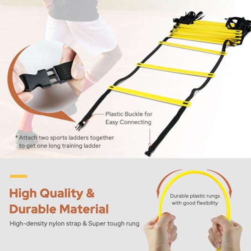 GHB Agility Ladder 1 Pack and Hex Agility Rings 1 Pack 12 Rung 20ft with 3 Carrying Bag