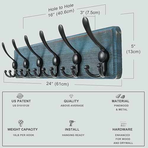 Dseap Coat Rack Wall Mounted - 24" Long 6 Tri Hooks, Heavy Duty Wooden Wall Coat Hanger Coat Hook for Clothes Hat Jacket Clothing, Weathered Blue and Black - color: Weathered Blue & Black, size: L=24"