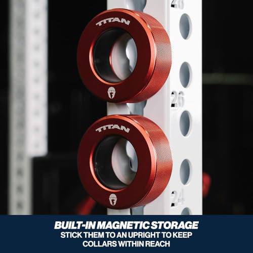 Titan Fitness TwistLock Pro Aluminum Barbell Red Collar Set, 59.5mm-51.5mm Sleeve Diameter, Quick Release Olympic Barbell Clamps, Pair of Magnetic Aluminum Weight Clips with Easy-Grip Knurling - color: Inferno Red