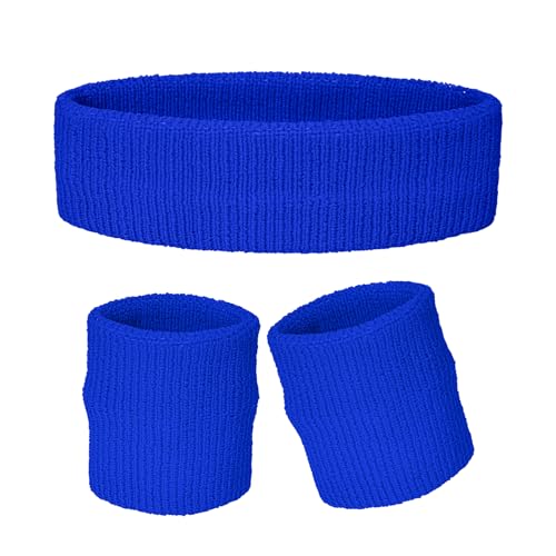 Sucrain 3 Pieces Sweatbands Set, 1 Pieces Sports Headband and 2 Pieces Wristbands,Wicking Sweat Head Band for Youth Womens Men - color: Blue