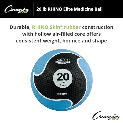 Champion Sports Rhino Elite Medicine Ball – Textured Surface, Superior Grip, Hollow Synthetic Rubber for Consistent Bounce & Durability, Multiple Weights & Colors - Optional Rebounder Sold Separately - style: 20 Pounds - Blue