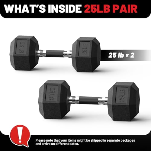 PAPABABE Hex Dumbbell Set 2.5-100lb, Rubber Grip Dumbbells, Home Gym | Complete & Durable Cast Iron Core Odorless Antiroll Hex Shape Ergonomic Versatile Home Gym Comfort Non-Slip Grip - size: 25 lb, Pair, style: Rubber Grip