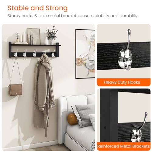 Homode Coat Rack Wall Mount with Shelf, 24" Long Entryway Shelf with Hooks Underneath, Wooden Coat Hanger for Hanging Hats, Bathroom Towels, Clothes, Black - color: Black, size: 24 Inch Long