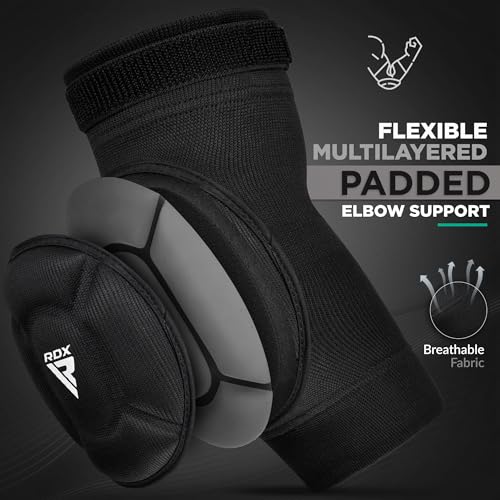 RDX Elbow Pads, Muay Thai MMA Kickboxing Sparring Elbow Guard, Martial Arts Striking Protection,Wrestling Basketball Adjustable MTB Volleyball Compression Padded Sleeve, Men Women - color: Black White, size: Small