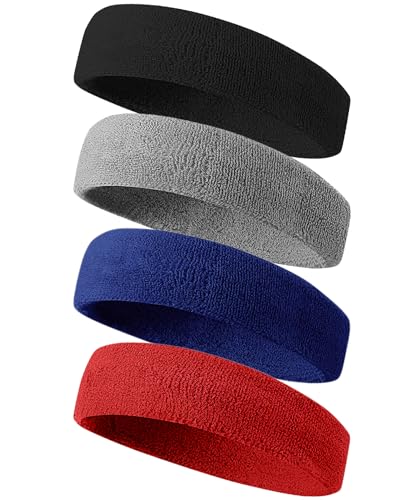 Tanluhu Sweatbands Sport Headbands for Men & Women,Terry Cloth Sweat Band for Tennis, Running, Basketball, Working Out, Exercise- Athletic Sweat Cotton Headband Outdoor - color: Black/Gray/DPBlue/Red