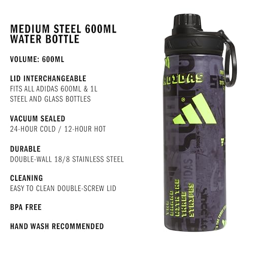 adidas Stainless Steel Metal Water Bottle 20 oz (600 mL) Screw Cap - color: Upscaled Mix-black/Lucid Lemon Yellow
