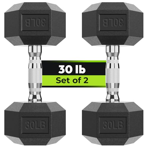 HANDBODE Hex Dumbbell Set of 2, Rubber Encased Fixed Dumbbells, 2.5-65 lb | Non-Slip Comfortable Handles, Hand Weights for Strength Training, Ideal for Home Gym Workouts - size: 30 lb, Pair, style: Chrome Handle