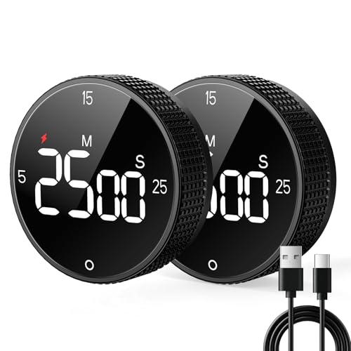 Rechargeable Magnetic Kitchen Timer for Cooking, Building 800mAh Battery Large Display Digital Countdown Countup Timer, 3 Preset 5/15/25 Mins Loud Alarm for Baking Grilling Studying - 2PCS - color: Black