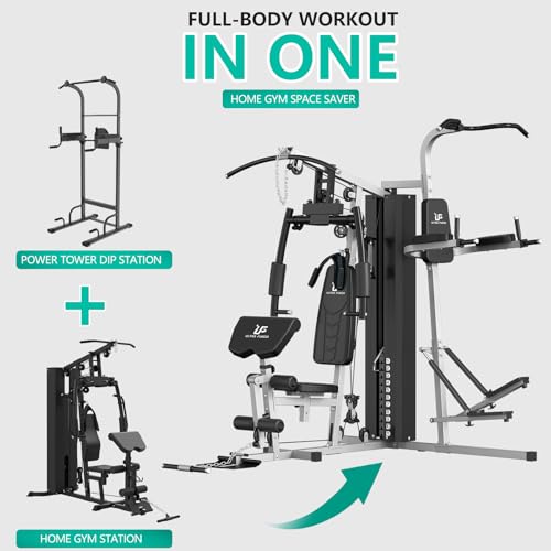 ULTRA FUEGO Multifunctional Home Gym Equipment Workout Station with Pulley System, Arm, and Leg Developer for Full Body Training - style: 118lb Black Home Gym Station with Power Tower