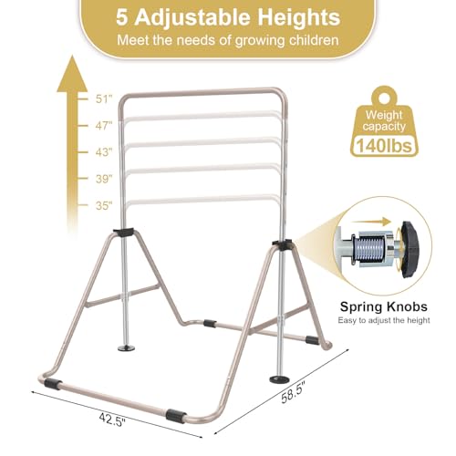 SHIWEI Gymnastics Bar for Kids, Gymnastic Kip Bar 5-Height Adjustable Home | Foldable, Indoor Outdoor Use, 140lb Capacity, for Ages 3-8, with Gymnastics Rings, Anti-Slip & Space-Saving Design - color: Beige