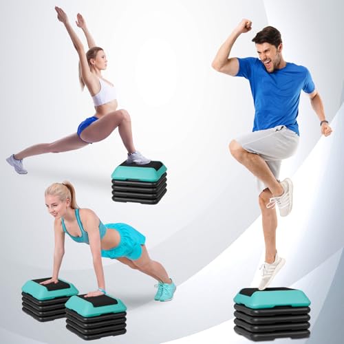 F2C Aerobic Step Exercise Platform Stepper with 4 Risers 16" x 16", Adjustable Height 4"-6''-8''-10''-12" Home Gym Workout Equipment, Fitness Exercise Equipment, Workout Stair Stepper - color: Green